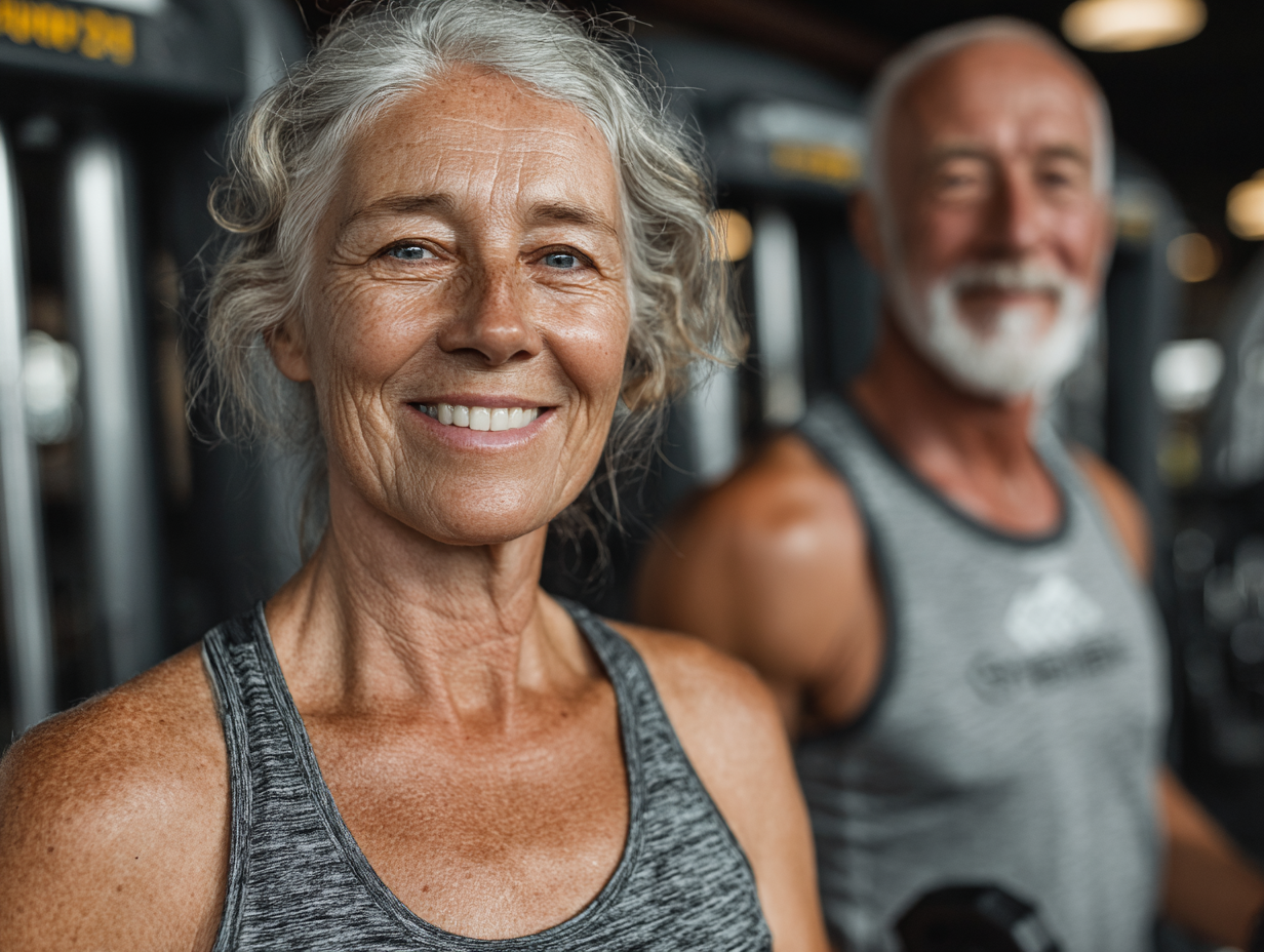 Възрастна жена практикува балансирани упражнения в спокойна обстановка